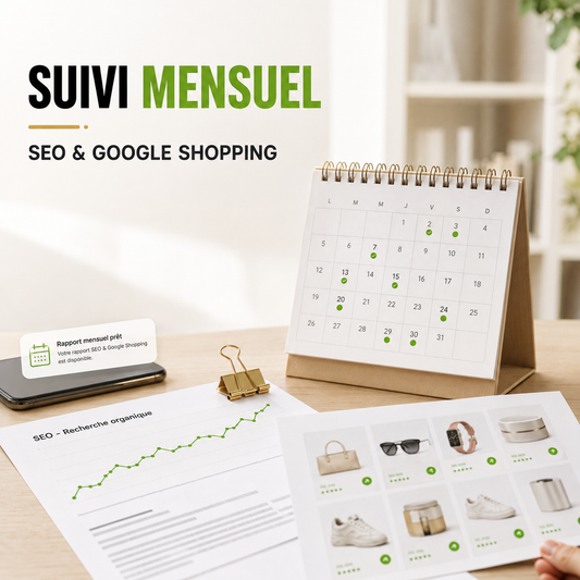 Suivi mensuel Shopivance - optimisation continue SEO et Google Shopping Shopify